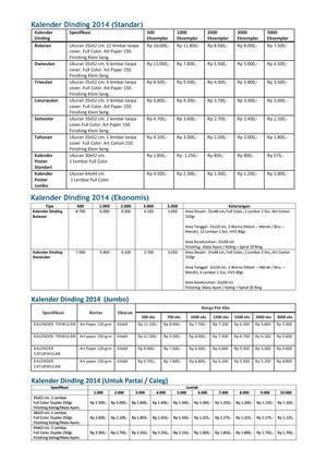 Harga Cetak Kalender 2014