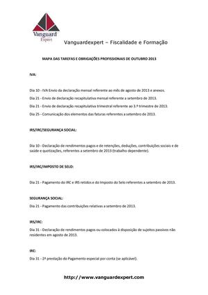 MAPA DAS TAREFAS E OBRIGAÇÕES PROFISSIONAIS DE OUTUBRO 2013