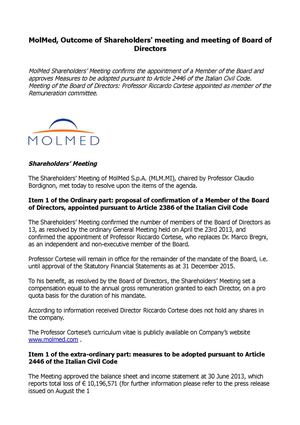 MolMed, Outcome of Shareholders' meeting and meeting of Board of Directors