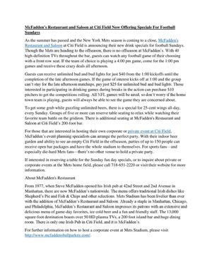 McFadden's Restaurant and Saloon at Citi Field Now Offering Specials For Football Sundays