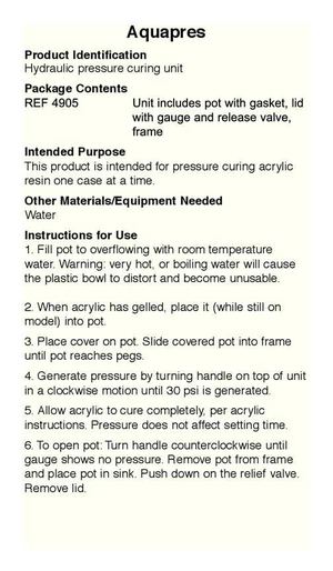 Lang Dental Manufacturing Co., Inc. Aquapres Instructions 