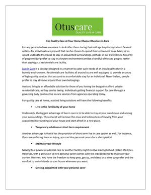 For Quality Care at Your Home Choose Otus Live in Care