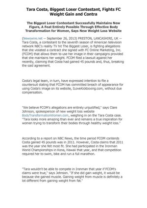 Tara Costa, Biggest Loser Contestant, Fights FC Weight Gain and Contra