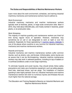 The Duties and Responsibilities of Machine Maintenance Workers