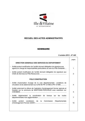 Ille-et-Vilaine - Recueil N° 445 : décisions de la CP du 30/09/2013 et arrêtés