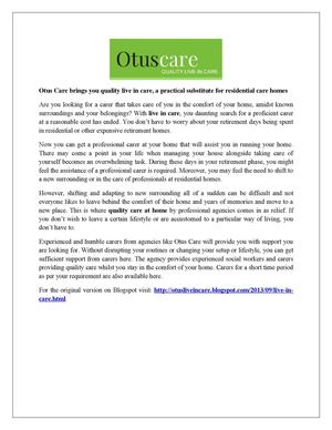 Otus Care Brings You Quality Live in Care, a Practical Substitute for Residential Care Homes 