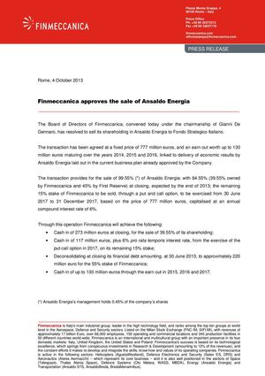 Finmeccanica approves the sale of Ansaldo Energia