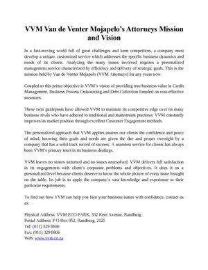 VVM Van de Venter Mojapelo’s Attorneys Mission and Vision