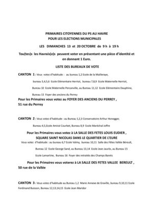Listes des bureaux de vote pour les Primaires socialistes du Havre