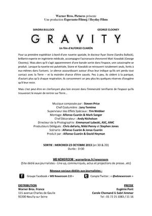GRAVITY Un film de Alfonso Cuarón avec Sandra Bullock, George Clooney.