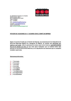 Aclaración,petición y acuerdo de vacaciones Securitas seguridad España-Madrid-