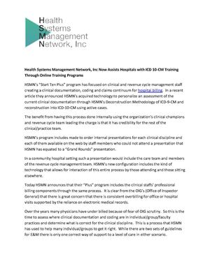 Health Systems Management Network, Inc Now Assists Hospitals with ICD 10-CM Training Through Online Training Programs