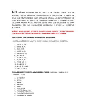 601, 602, 701, 702, 1101, 1102 TAREA DE MATEMATICAS Y GEOMETRIA PARA SEMANA DEL 21 AL 25  DE OCTUBRE DE 2013
