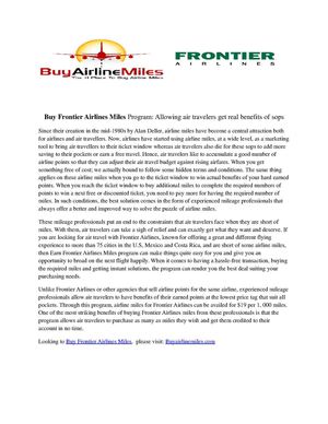 Buy Frontier Airlines Miles Program: Allowing air travelers get real benefits of sops