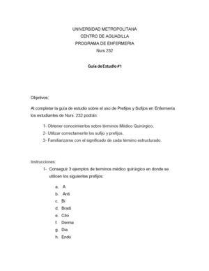 Nurs.232 Guia de Estudio#1: Uso de Prefijos y Sufijos en Enfermeria