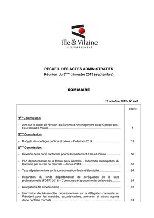 Ille-et-Vilaine - Recueil N° 446 : délibérations de l'Assemblée - Session du 3ème trimestre 2013 (septembre)