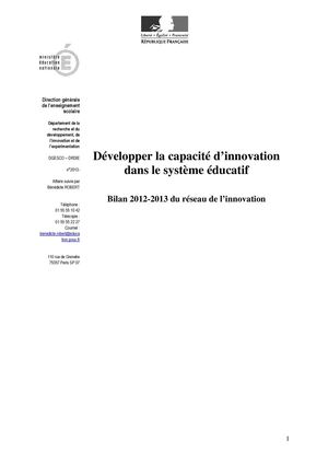 Bilan du réseau de l'innovation, 2012-2013