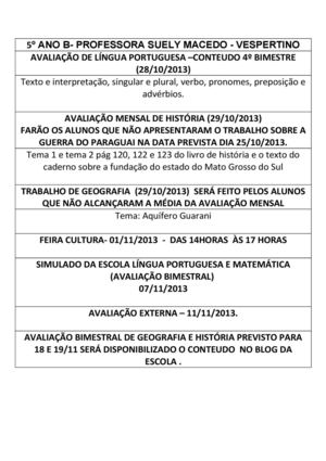 conteudo de trabalho e avaliações 5º ano b