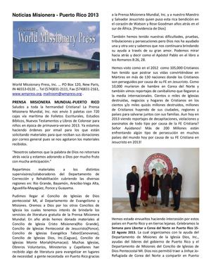 Noticias Misioneras desde Puerto Rico 2013