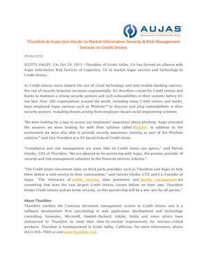 Thuridion & Aujas Join Hands to Market Information Security & Risk Management Services to Credit Unions