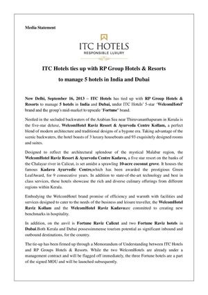 ITC Hotels ties up with RP Group Hotels & Resorts to manage 5 hotels in India and Dubai