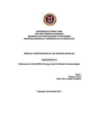 Ensayo sobre la Fenomenología. Origen. Conceptos. Principios. Método