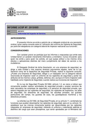 UCSP. Informe nº2013/005. Uniformidad del Inspector de Servicios