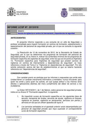 UCSP. Informe nº2013/018. Servicio de vigilancia en centros de internamiento y dependencias de seguridad
