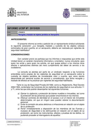 UCSP. Informe nº2013/020. Recogida y traslado de objetos perdidos en Aeropuerto