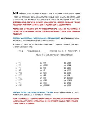 TAREAS DE MATEMATICAS Y GEOMETRIA 601, 602, 701, 702, 1101, 1102 PARA SEMANA DEL 5 AL 8 DE NOVIEMBRE DE 2013.