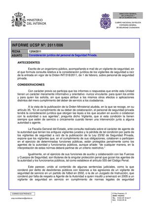 UCSP. Informe nº2011/006. Consideración jurídica del personal de Seguridad Privada