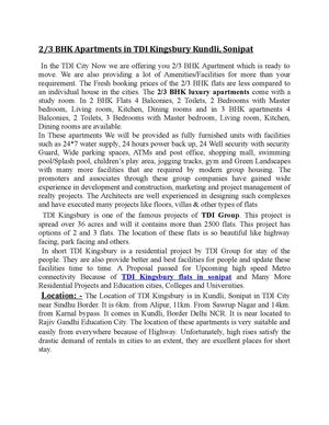 2/3 BHK Apartments in TDI Kingsbury Kundli, Sonipat