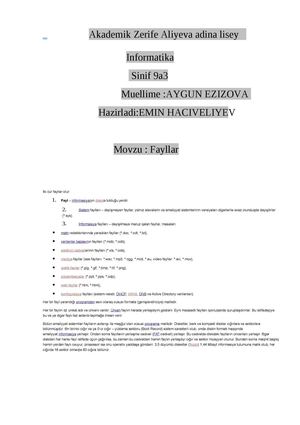                               Akademik Zerife Aliyeva adina lisey                                                                Informatika	                                    Sinif 9a3                               Muellime : Vefa                       