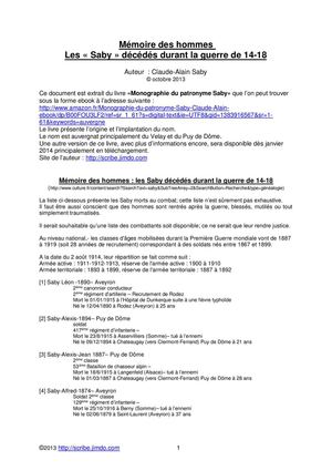 Liste des porteurs du nom "Saby" décédés durant la guerre de 1914-1918