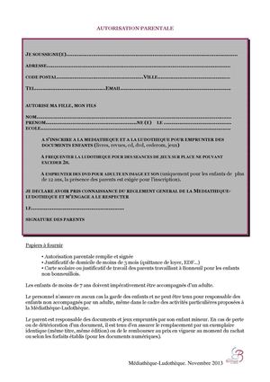 Autorisation parentale / Médiathèque-Ludothèque de Bonneuil-sur-Marne