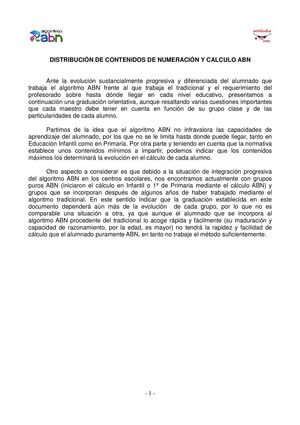 Distribución de Contenidos de Numeración y Cálculo ABN, por niveles