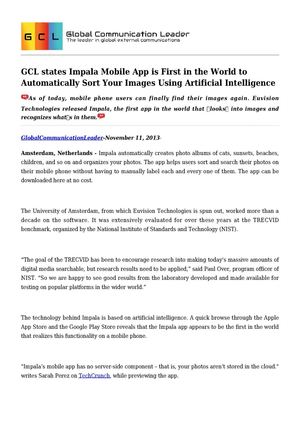 GCL states Impala Mobile App is First in the World to Automatically Sort Your Images Using Artificial Intelligence