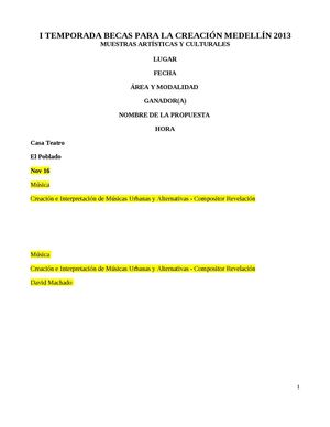 AGENDA DE PRESENTACIONES I TEMPORADA DE PRESENTACIONES BECAS 2013