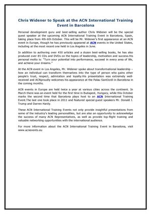 Chris Widener to Speak at the ACN International Training Event in Barcelona