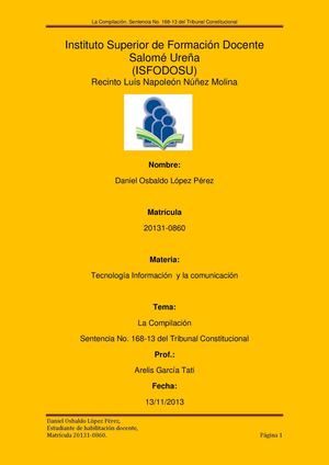 Sentencia 168-13 Del Tribunal Constitucional. 