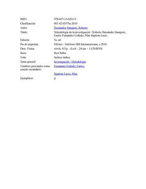 Metodología de la investigación / Roberto Hernández Sampieri, Carlos Fernández Collado, Pilar Baptista Lucio.