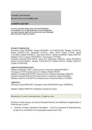 Compte-rendu du conseil municipal du 21 octobre 2013