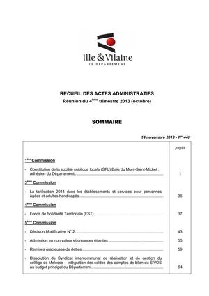 Ille-et-Vilaine - Recueil N° 448 : délibérations de l'Assemblée - Session du 4ème trimestre 2013 (octobre)