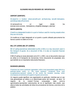 GLOSARIO INGLES REGIMEN DE  IMPORTACION