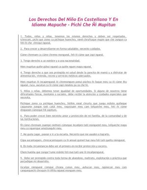 Los Derechos Del Niño En Castellano Y En Idioma Mapuche