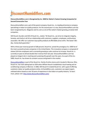   DiscountHumidifiers.com is Recognized by Inc. 5000 for Nation’s Fastest-Growing Companies for Second Consecutive Year