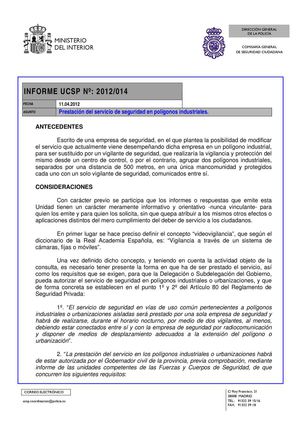 UCSP. Informe nº2012/014. Prestación del servicio de seguridad en polígonos industriales