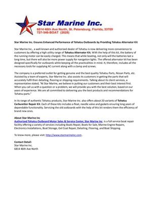 Star Marine Inc. Ensures Enhanced Performance of Tohatsu Outboards by Providing Tohatsu Alternator Kit