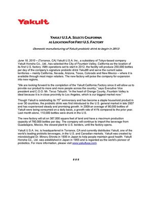 Yakult Selects US Factory
