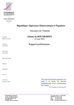 Rapport préliminaire séisme BOUMERDES 